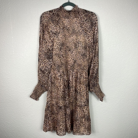 ML Monique Lhuillier Leopard Animal Print Crepe de Chine Mini Dress Long Sleeve - Picture 7 of 15